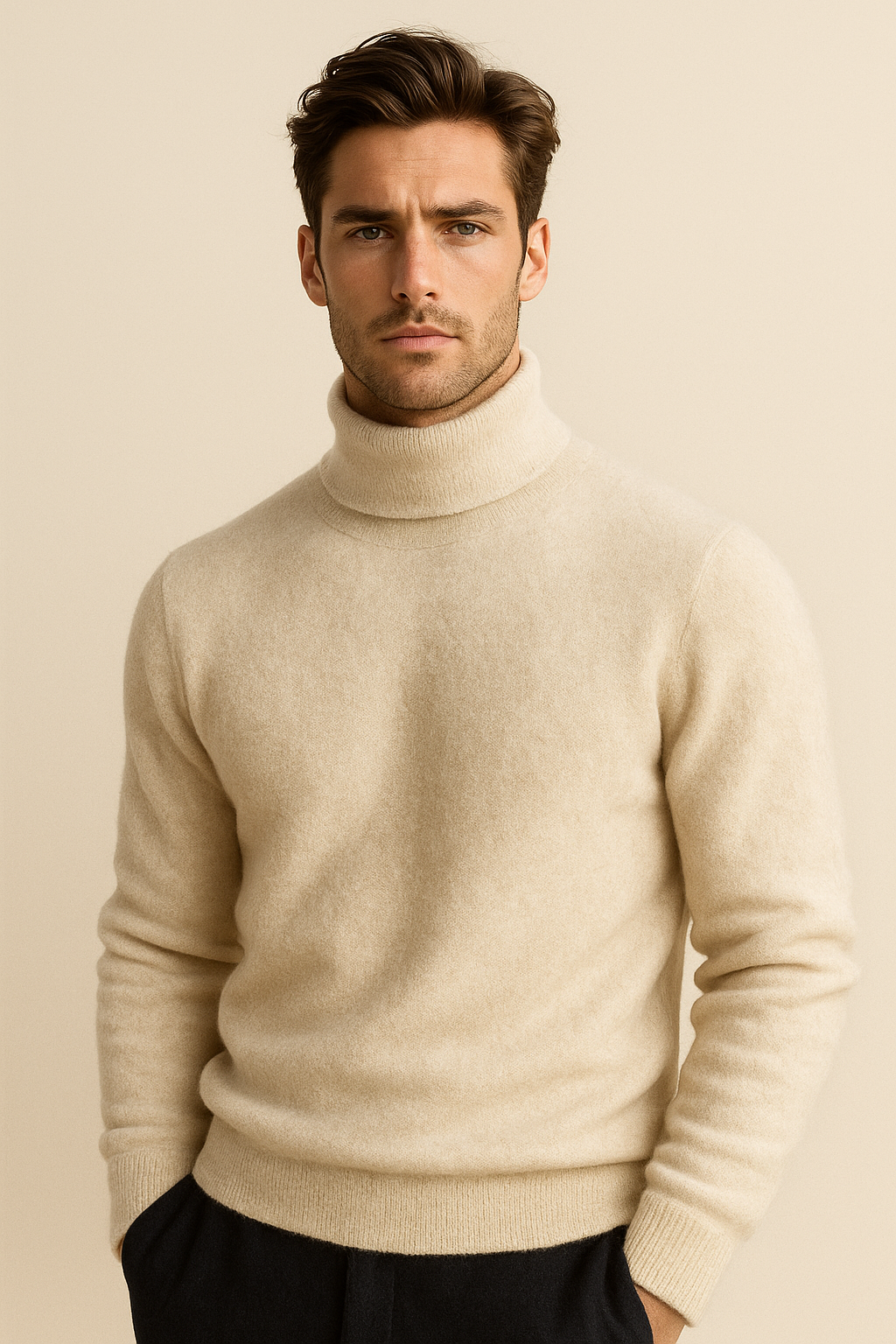 Ivory Carezza cashmere turtleneck sweater by Emiral Couture, featuring a soft texture and classic design.