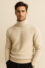 Ivory Carezza cashmere turtleneck sweater by Emiral Couture, featuring a soft texture and classic design.
