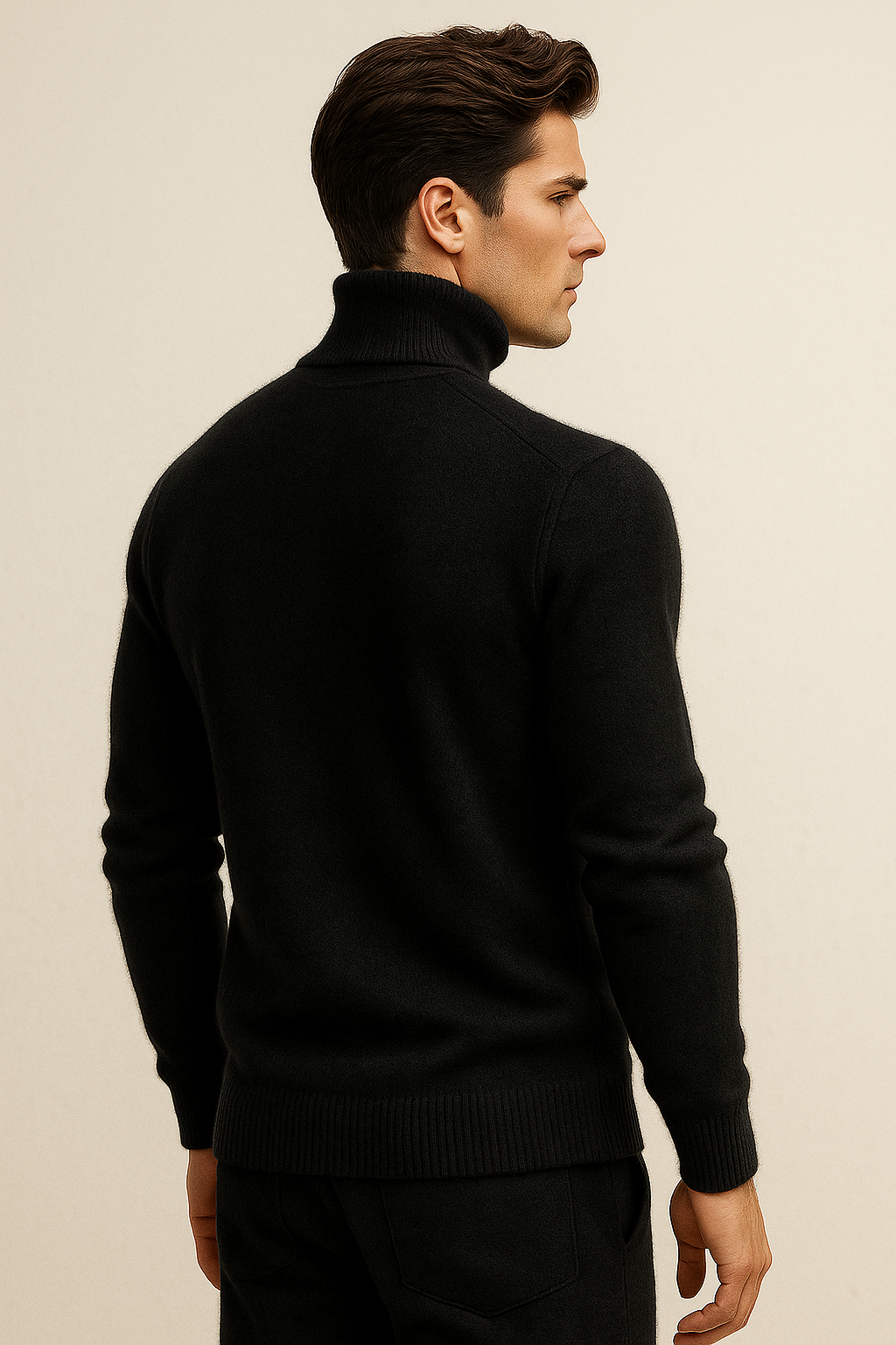 Emiral Couture black cashmere turtleneck sweater with a soft, luxurious texture and fitted silhouette.