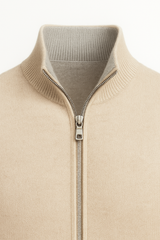 Beige and grey reversible cashmere zip knit sweater by Emiral Couture, featuring a stylish and cozy design.