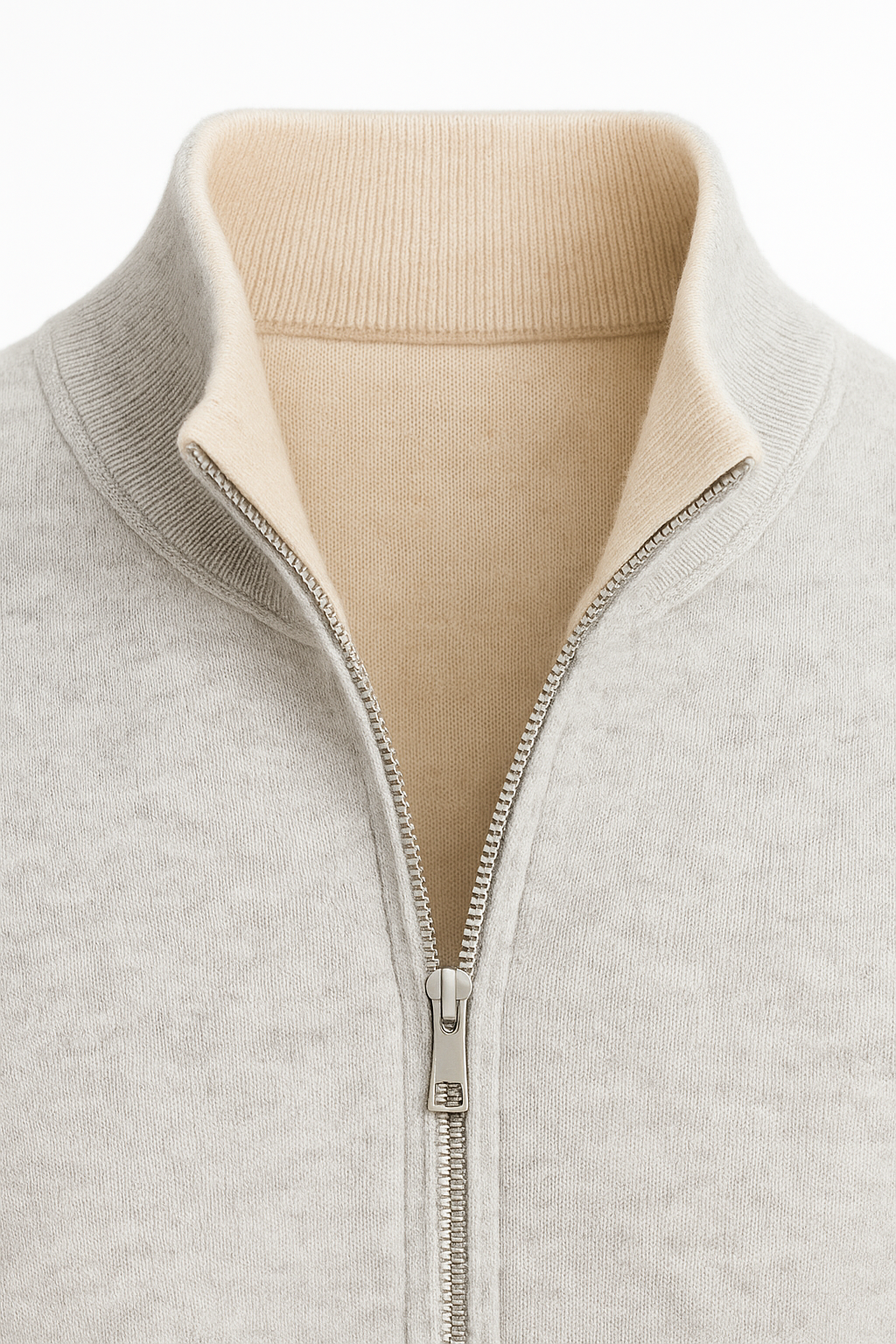 Beige and grey reversible cashmere zip knit sweater by Emiral Couture, showcasing a luxurious and versatile design.