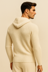 Beige Amici Merino hooded sweater by Emiral Couture with a relaxed fit and soft texture.