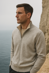 Beige and grey reversible cashmere zip sweater by Emiral Couture, showcasing a stylish knit design and cozy texture.