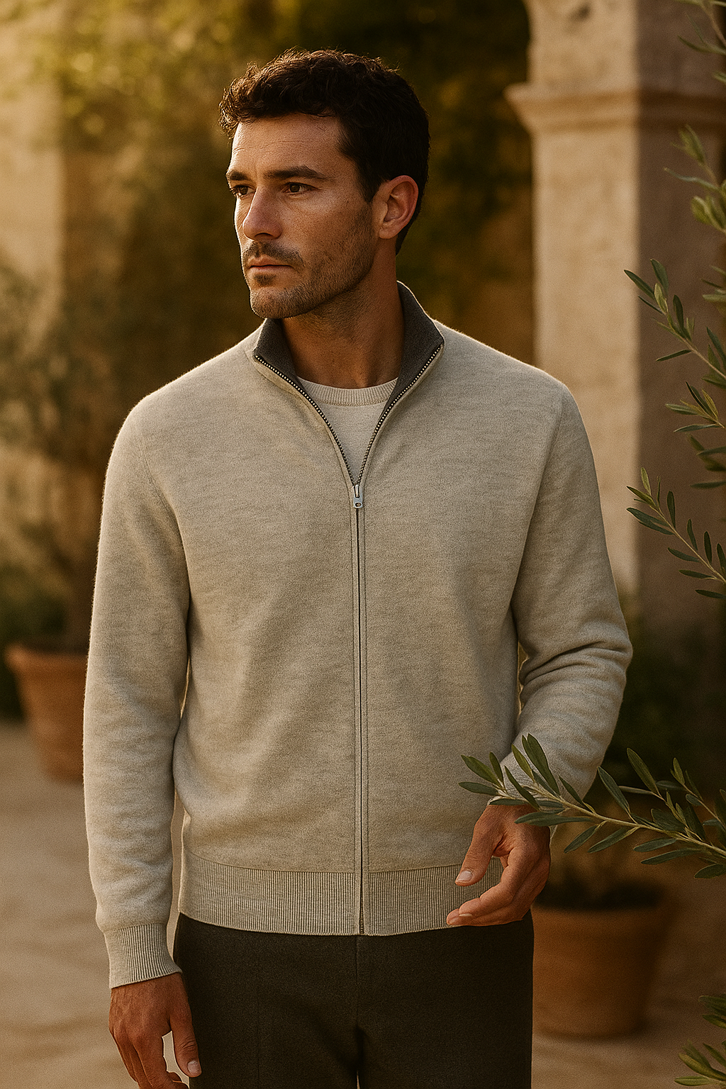 Emiral Couture reversible cashmere zip knit sweater in grey and dark grey, showcasing a stylish design and soft texture.
