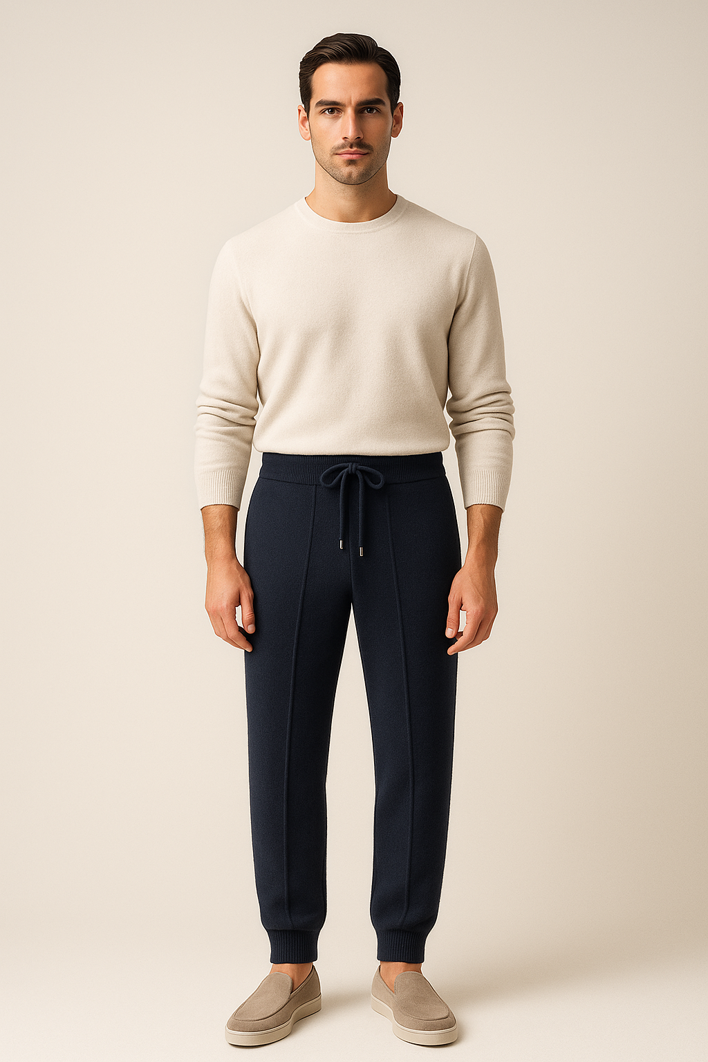 Emiral Couture navy cashmere trousers featuring a sleek design and tailored fit, ideal for sophisticated casual wear.