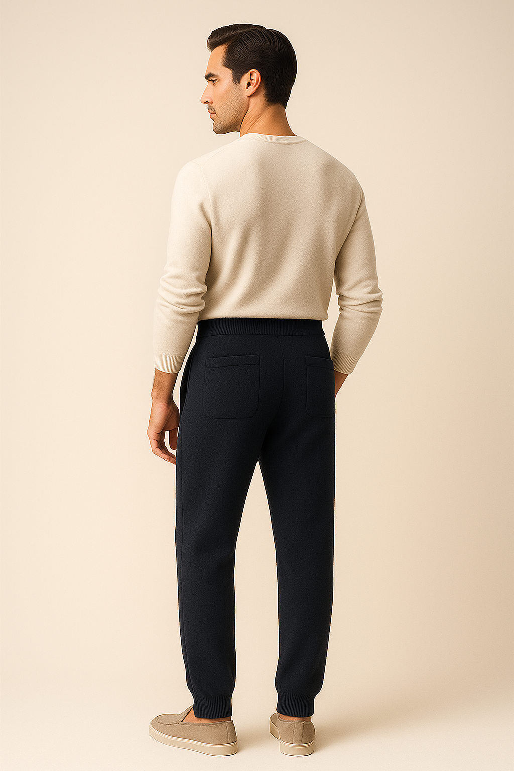 Navy cashmere trousers by Emiral Couture displayed elegantly on a mannequin, showcasing a luxurious fabric texture.