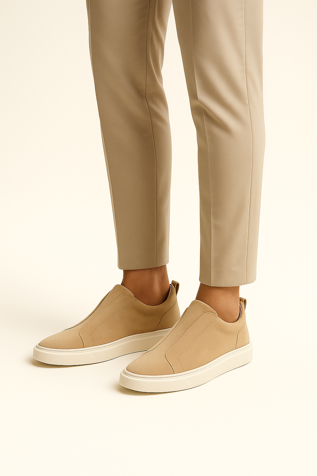 Beige Emirali suede slip-on sneakers with a sleek design and comfortable fit, perfect for casual wear.