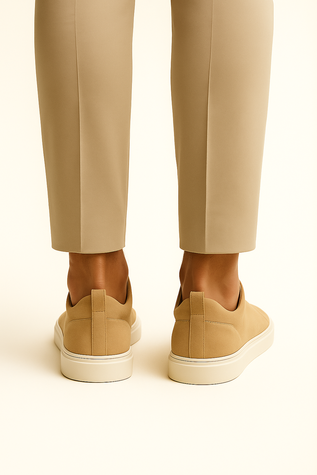 Beige suede slip-on sneakers from Emiral Couture, featuring a sleek design and comfortable fit.