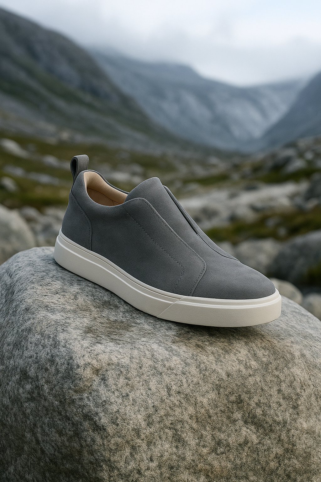 Grey Emirali suede slip-on sneakers featuring a sleek design and comfortable fit for casual wear.