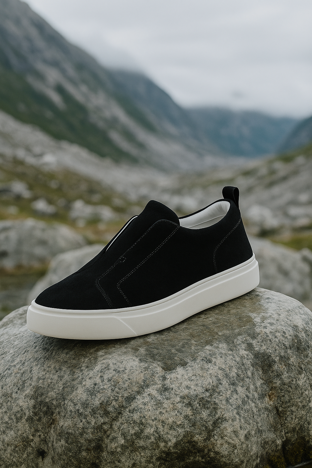 Black suede slip-on sneakers from Emiral Couture displayed on a granite surface, showcasing their sleek design and texture.