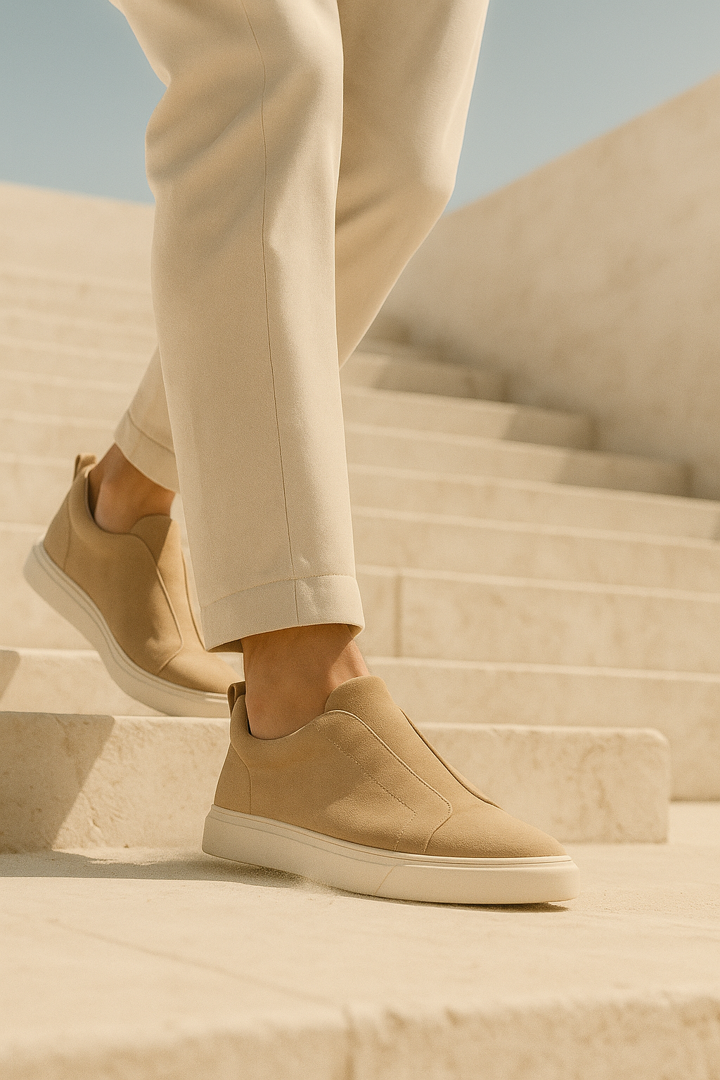 Beige suede slip-on sneakers by Emiral Couture, featuring a sleek design and comfortable fit for casual wear.