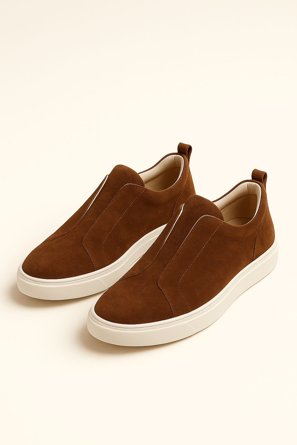 Brown suede slip-on sneakers by Emiral Couture with a sleek design and comfortable fit.