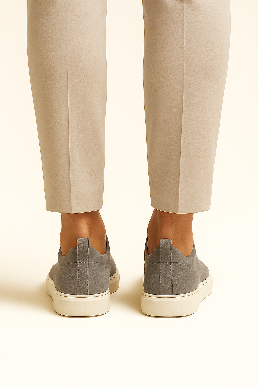 Grey suede slip-on sneakers by Emiral Couture with a sleek design and comfortable fit.