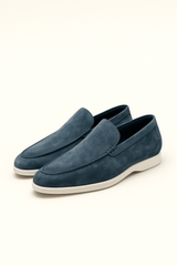 Ocean teal Emiral Couture suede loafers with sleek design and comfortable fit, perfect for stylish casual wear.