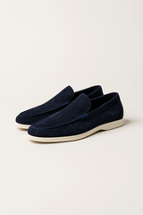 Navy suede loafers by Emiral Couture featuring a sleek design and comfortable fit, perfect for casual or formal wear.