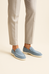 Light blue Emiral Couture suede loafers with a sleek design and comfortable fit, perfect for casual or semi-formal wear.