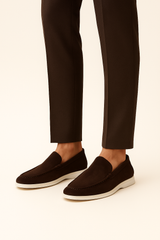 Brown Emiral Couture suede loafers showcasing a sleek design and soft texture, ideal for casual or semi-formal wear.