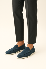 Emiral Couture ocean teal suede loafers with a sleek design and comfortable fit, perfect for casual or formal wear.