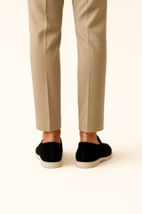 Black suede loafers by Emiral Couture with a sleek design and comfortable fit, perfect for casual or formal wear.