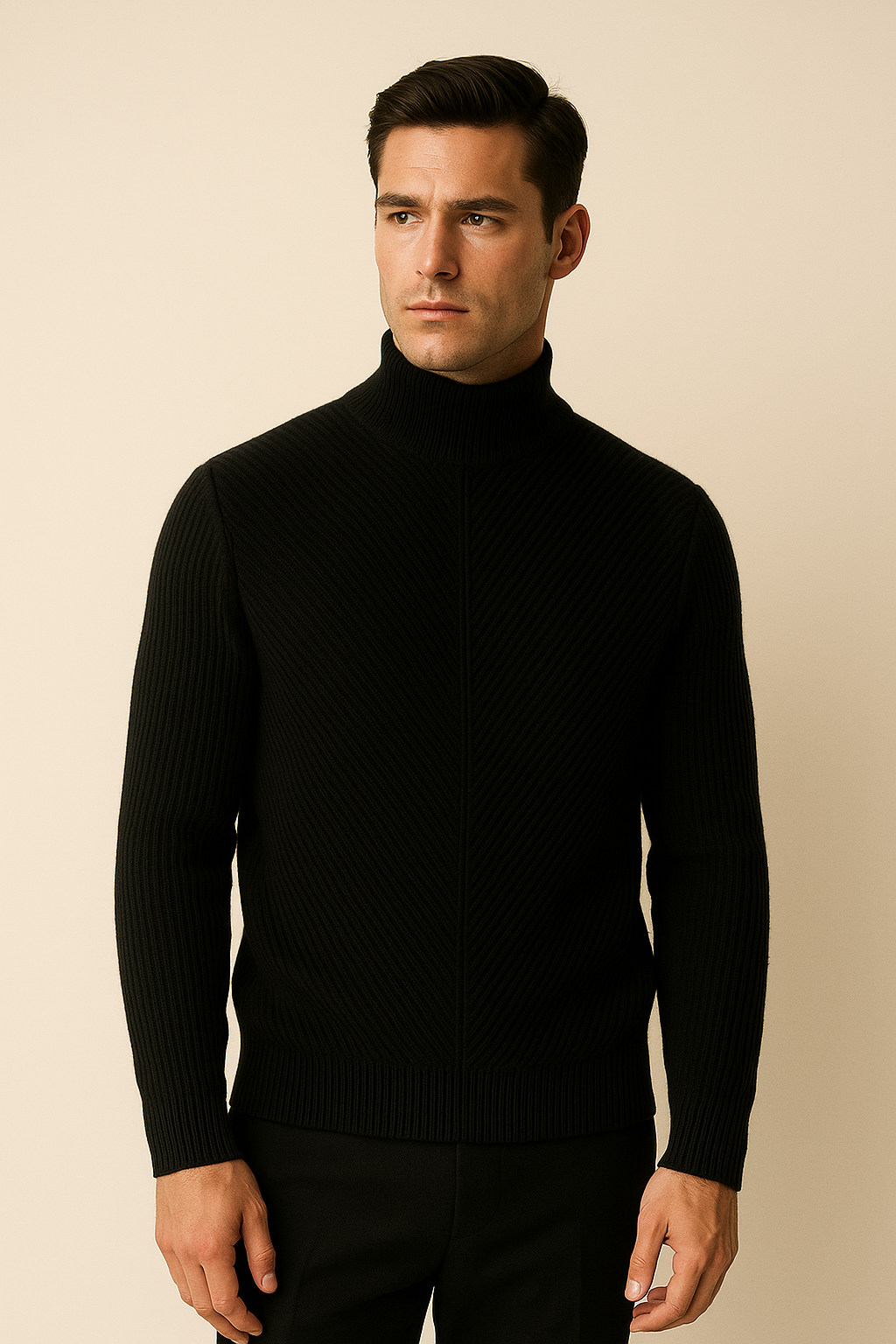 Emiral Couture black merino wool knit sweater displayed on a mannequin, showcasing its luxurious texture and sleek design.