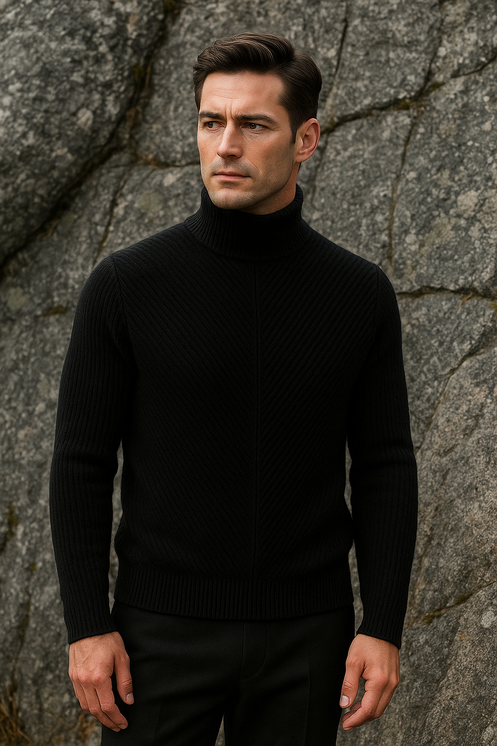 Emiral Couture black merino wool knit sweater with elegant design and soft texture, perfect for layering or casual wear.