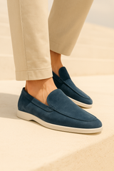 Ocean teal Emiral Couture suede loafers with a sleek design and comfortable fit, perfect for casual wear.