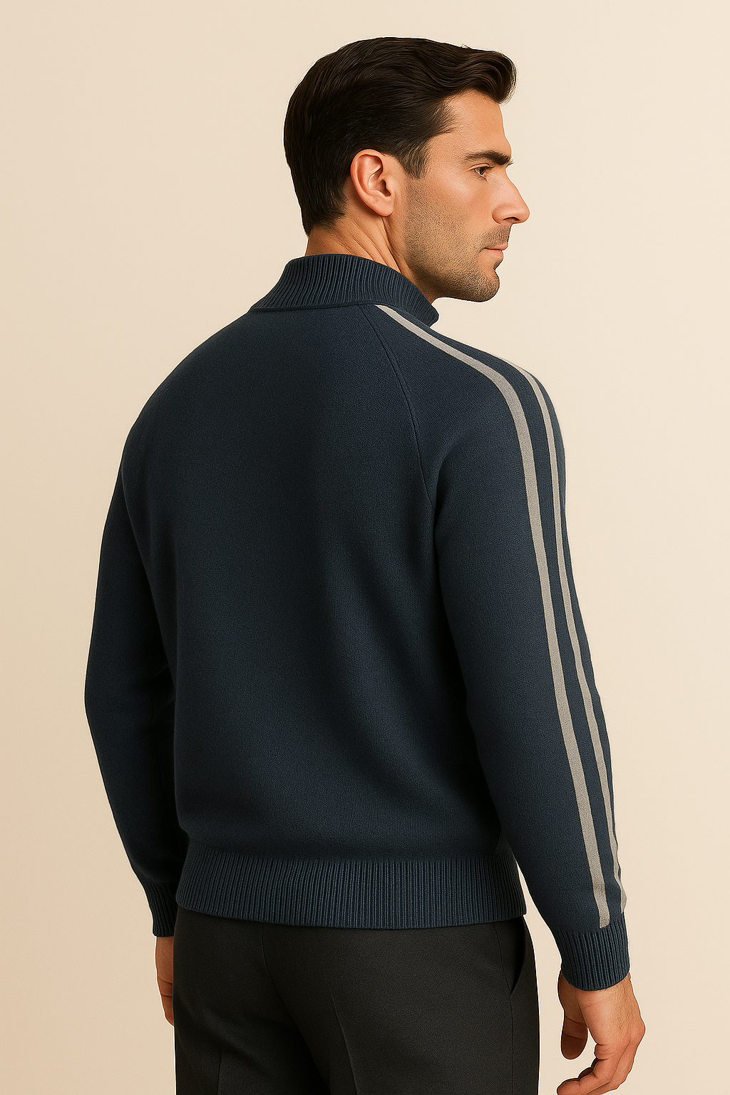 Navy cashmere zip knit sweater by Emiral Couture, showcasing a luxurious and elegant design.
