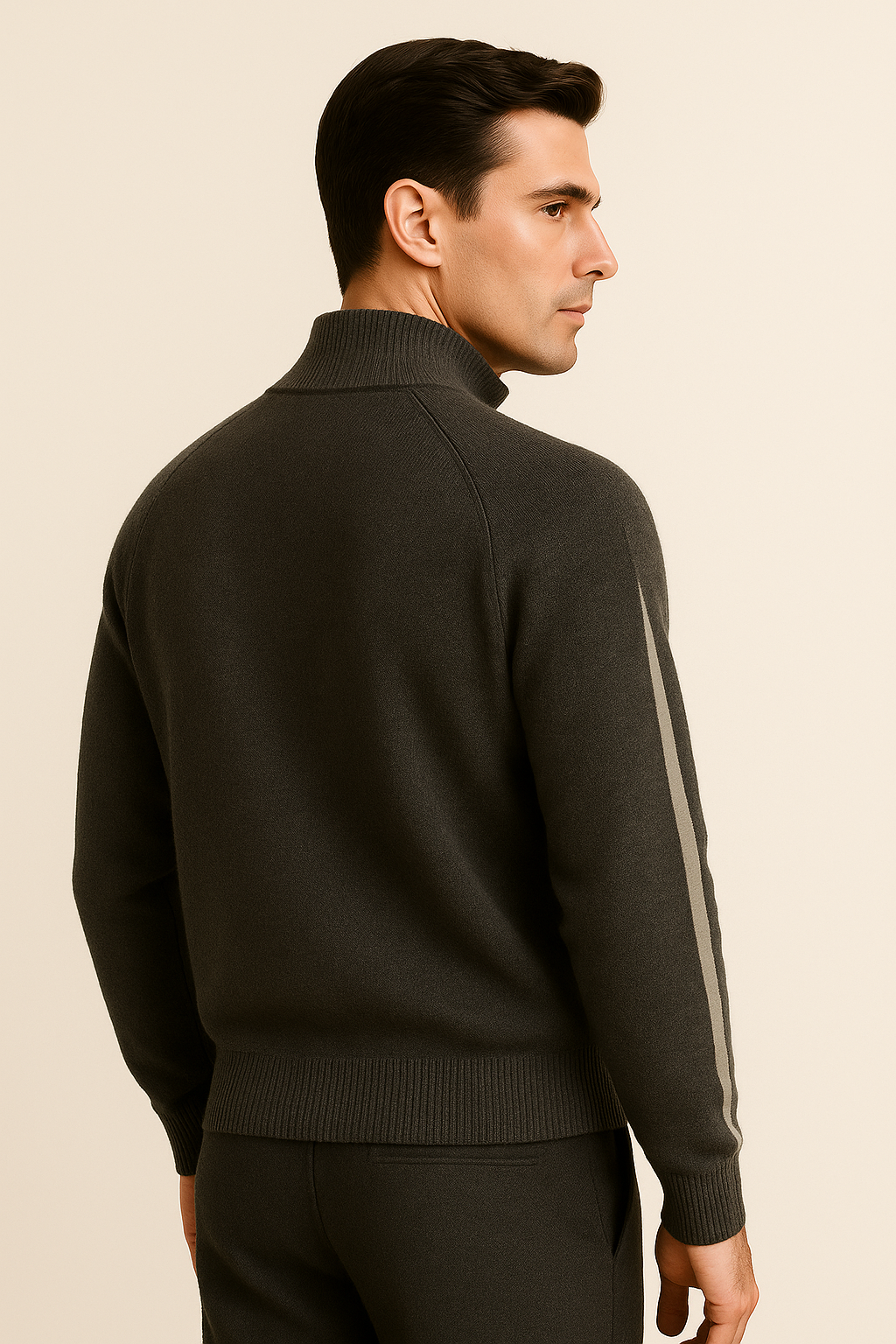 Dark grey Emiral Couture cashmere zip-knit sweater with a sleek, modern design and cozy texture.