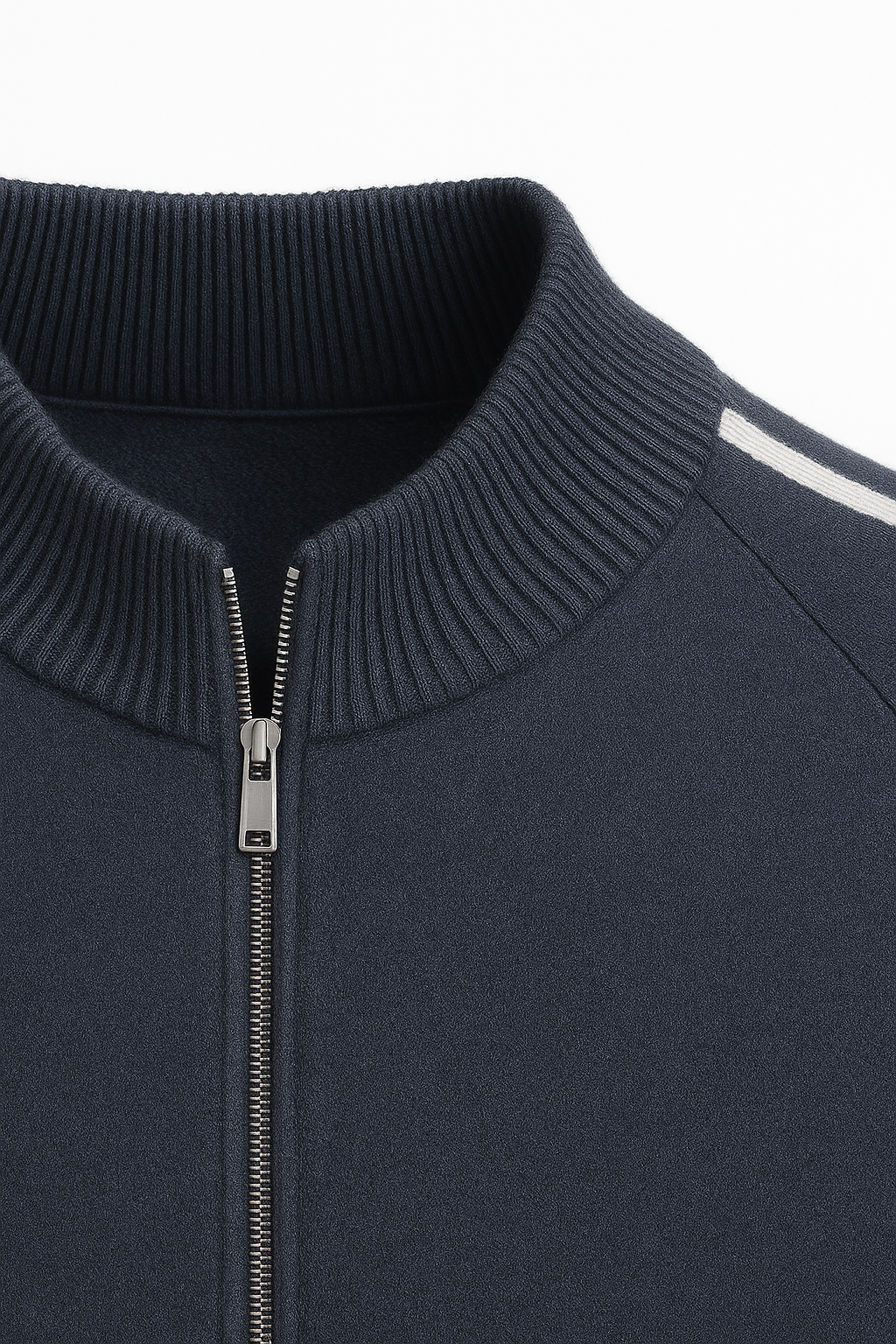 Emiral Couture navy cashmere zip knit sweater with striped design and a modern fit, ideal for stylish layering.