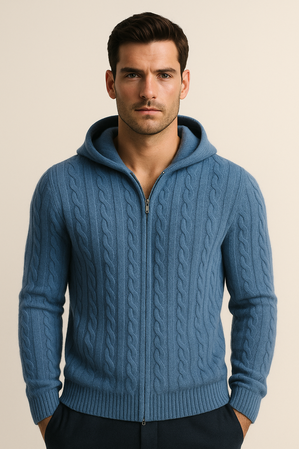 Emiral Couture blue hooded cable knit cashmere hoodie with intricate patterns and a cozy design.