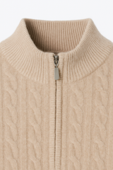Beige half-zip cashmere sweater by Emiral Couture with a textured knit design.