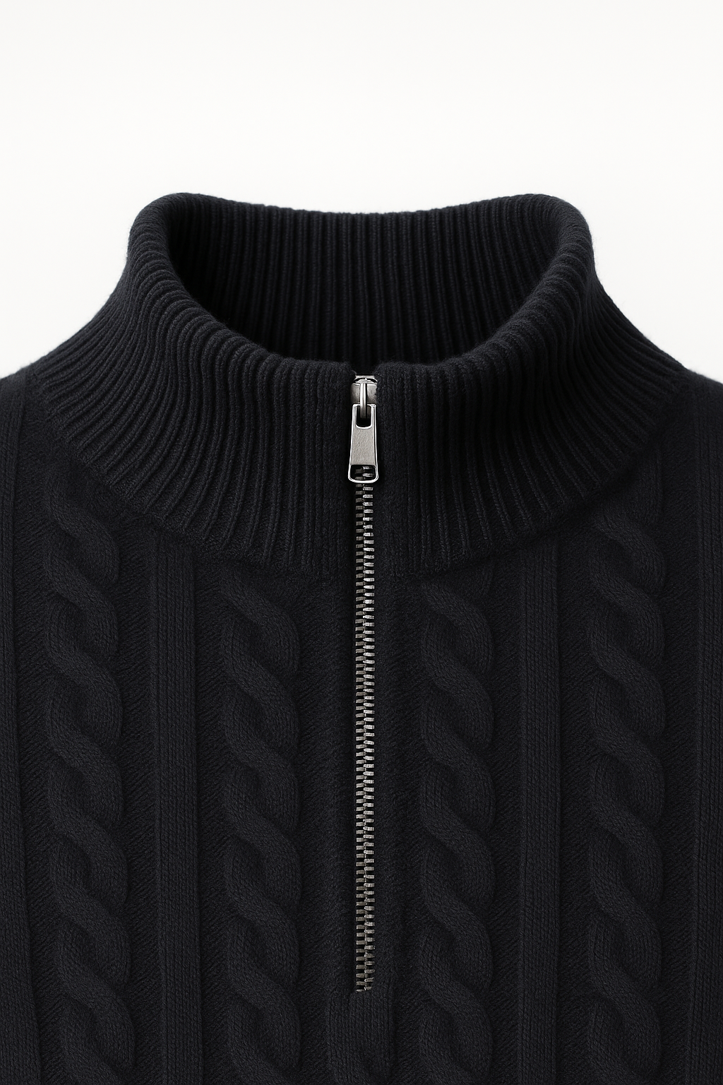 Black Lerano cashmere half-zip knit sweater by Emiral Couture, featuring a cozy design and luxurious texture.