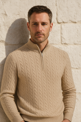 Beige half-zip cashmere sweater by Emiral Couture, featuring a soft knit texture and elegant design.