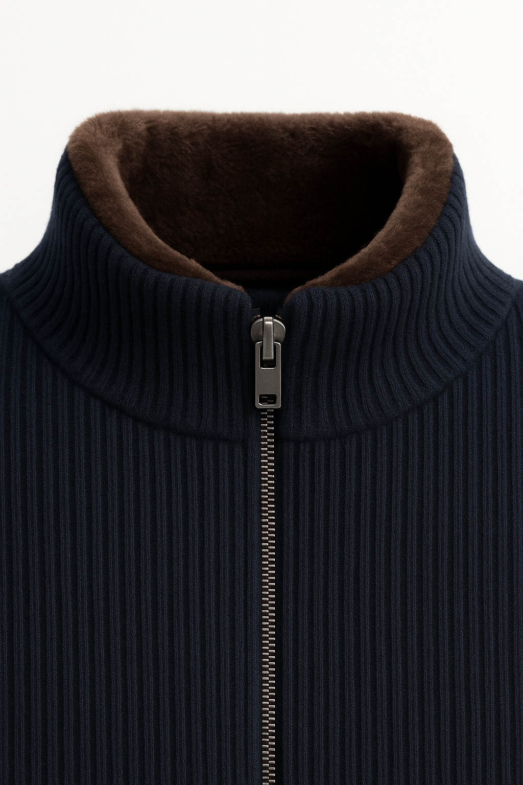 Navy Emiral Couture Valen blouson cardigan made from luxury merino wool, featuring a relaxed fit and elegant design.