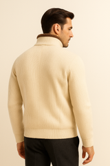 Beige Merino wool cardigan by Emiral Couture featuring a relaxed fit and elegant blouson style.
