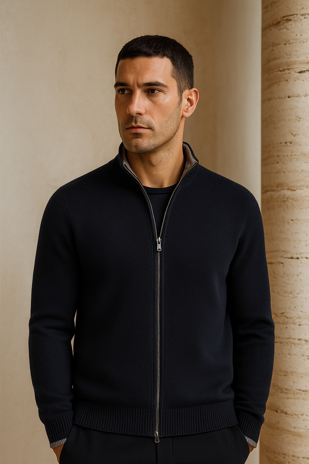 Emiral Couture navy Leonardo Zip Cardigan featuring a sleek design and luxurious merino wool texture.