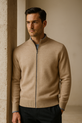 Beige classic zip cardigan by Emiral Couture, featuring a sleek design and soft merino wool texture.