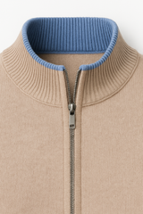 Beige classic zip cardigan made from merino wool by Emiral Couture, featuring a stylish and cozy design.