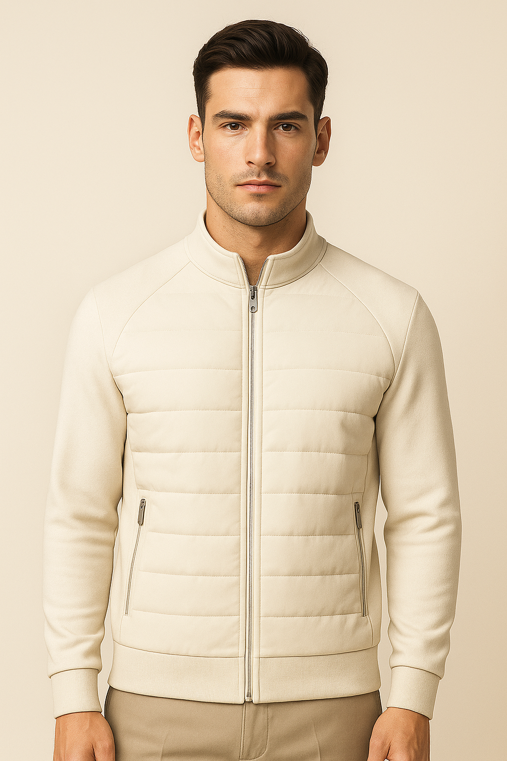 Emiral Couture ivory Sorrento wool padded jacket with a sleek, modern design and stylish quilted texture.