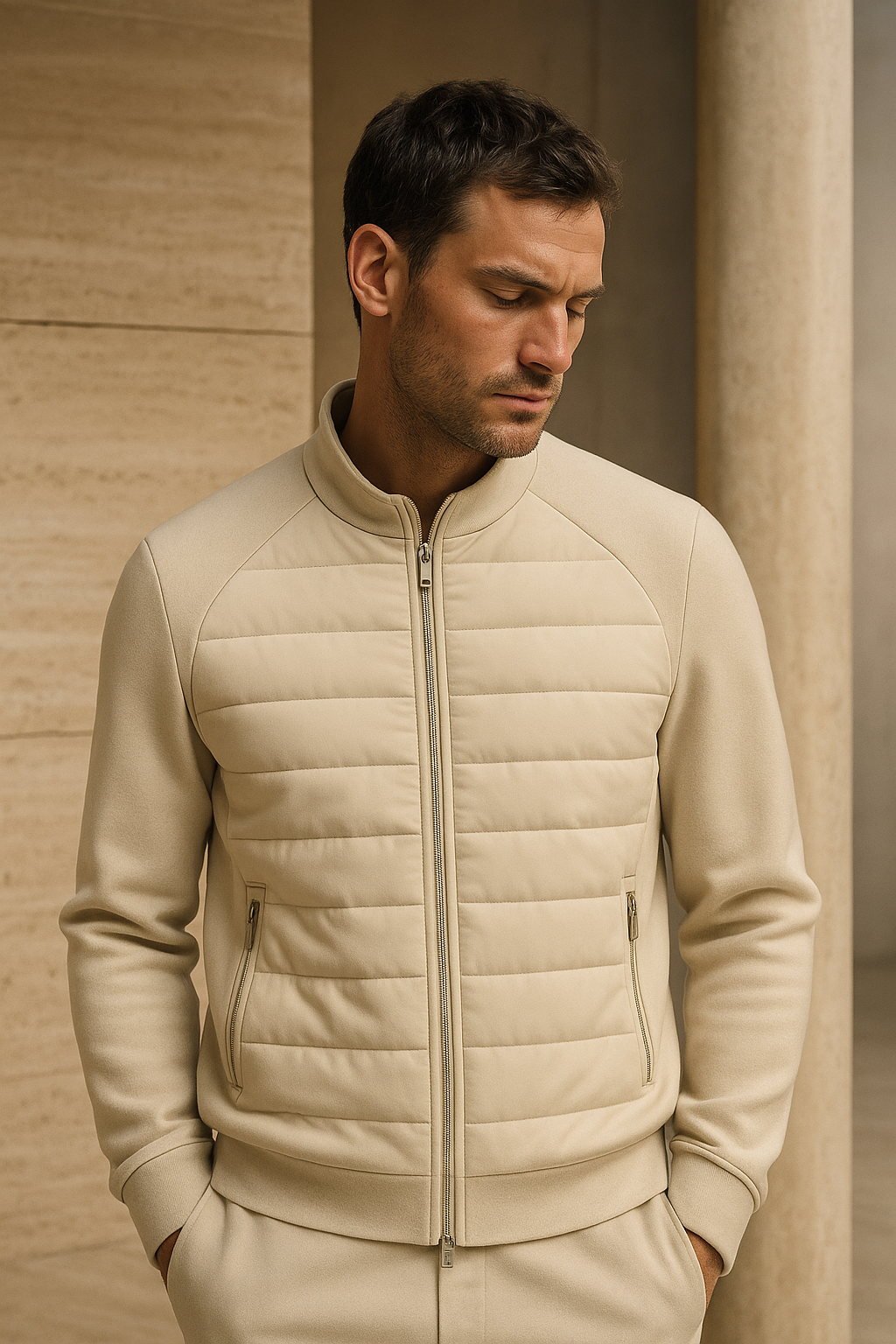 Ivory Sorrento wool padded jacket by Emiral Couture, featuring a stylish design and elegant silhouette.