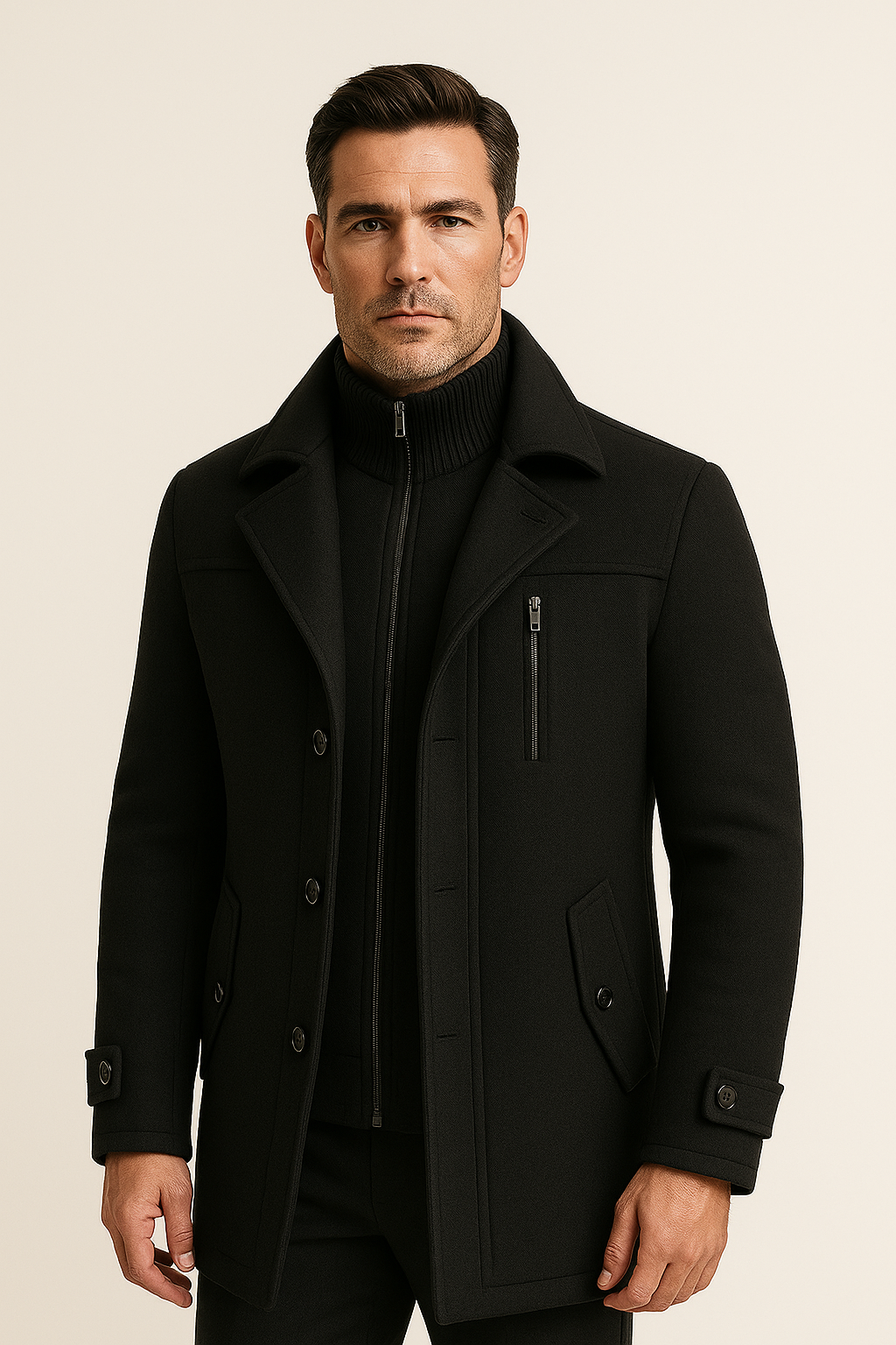 Emiral Couture black long coat featuring a stylish design and elegant cotton fabric for a sophisticated look.