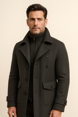 Emiral Couture long grey field coat with a classic design and detailed fabric texture.