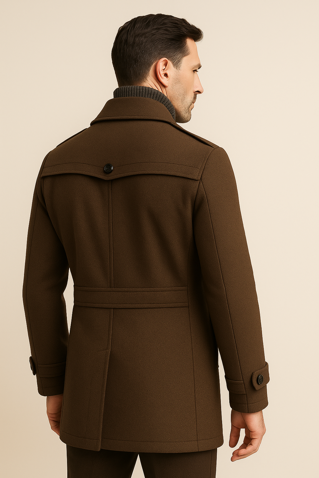 Brown long coat by Emiral Couture featuring a classic field design and durable cotton fabric.