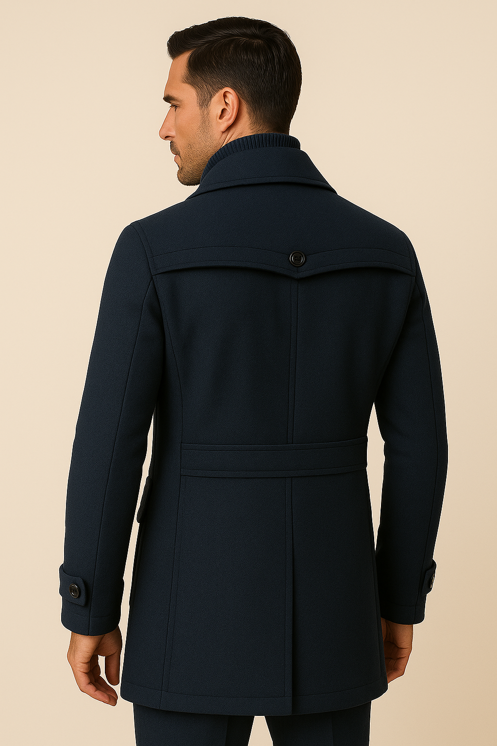 Emiral Couture navy long coat featuring refined cotton fabric and a classic silhouette.