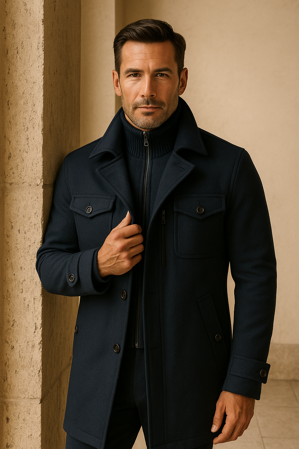 Emiral Couture long navy field coat featuring an elegant architectural style and tailored silhouette.