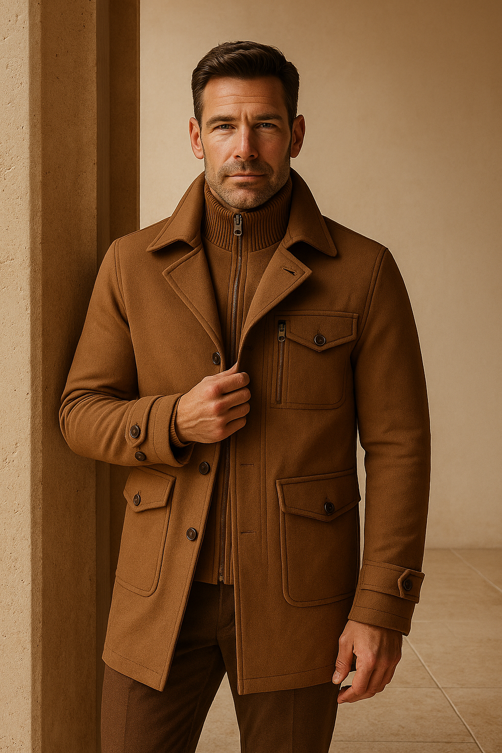 Emiral Couture orange long coat featuring a stylish design, perfect for a fashionable and sophisticated look.