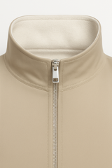 Taupe Reverso Bomber Jacket by Emiral Couture featuring a chrome zipper and a stylish, modern design.