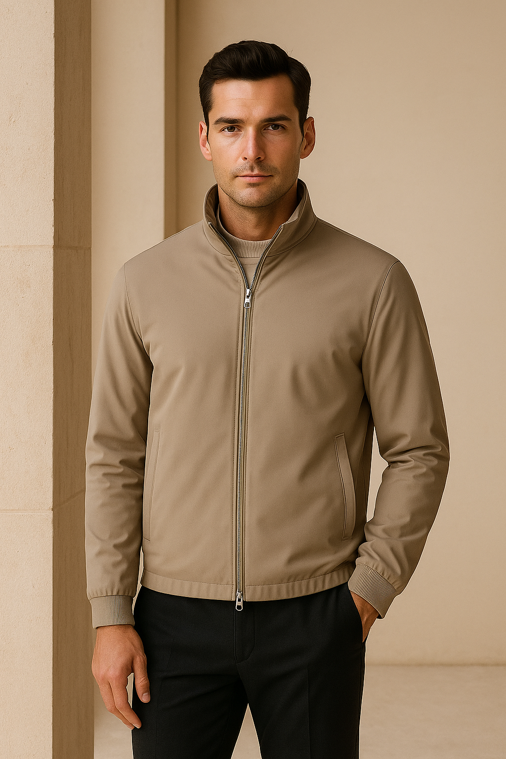 Taupe Reverso Bomber Jacket by Emiral Couture, featuring a stylish reversible design and a modern silhouette.