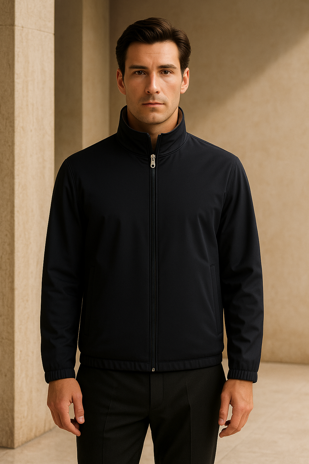 Emiral Couture navy reversible bomber jacket featuring a sleek design and comfortable fit, styled in an editorial setting.