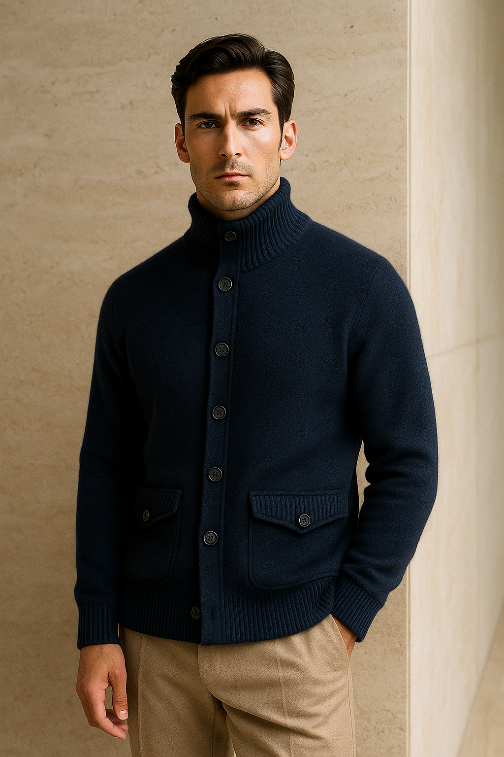 Navy Giotto cashmere cardigan by Emiral Couture with a relaxed fit and elegant design, perfect for layering.